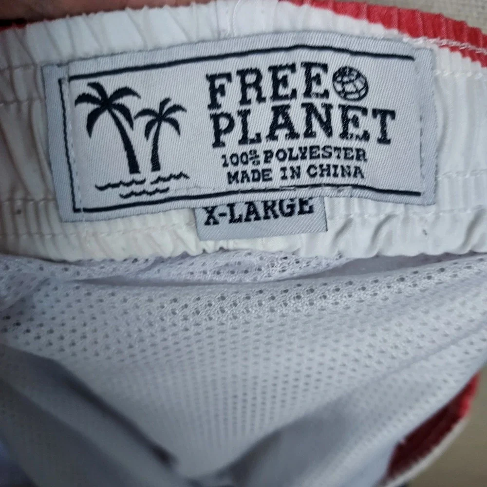 Free Planet Swim Trunks Mens XL Red White Blue Flag Lined DrawstringClassic...